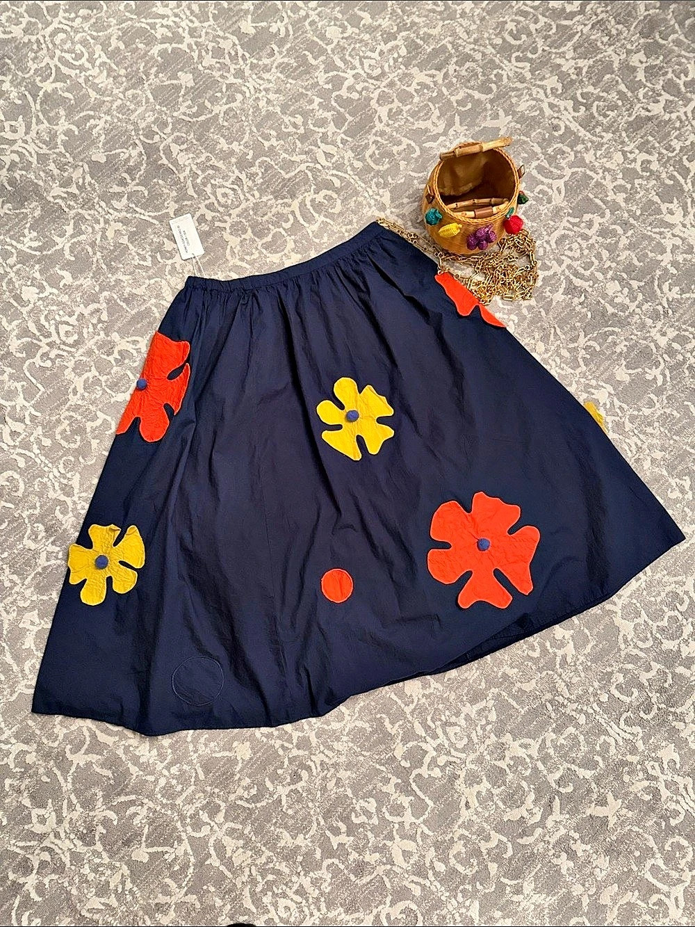 165Floral Appliqué A-Line Skirt in Blue NWT